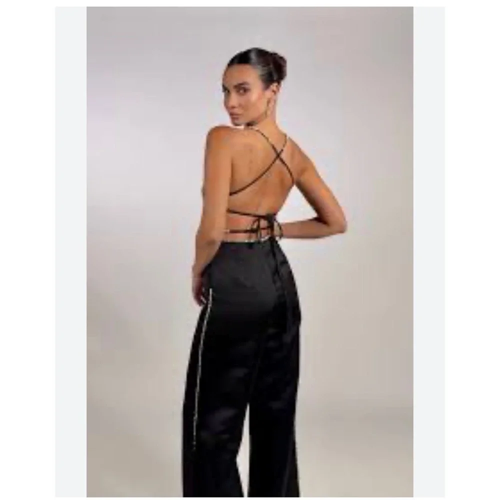 NWT Satin Wide Leg Jumpsuit Rhinestone Trim Open Back Strappy Glam Size 8 - Picture 2 of 7
